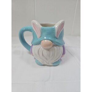 Ceramic Blue Gnome Coffee Mug Easter Bunny Ears Purple 12 Oz